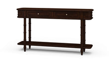 Load image into Gallery viewer, The Bramble Hurlingham Console Table pairs the strength and longevity of solid mahogany with the relaxed character of faux-bamboo furniture. Sculpted bamboo-inspired legs, wrapped corner details, and decorative drawer fronts create an elegant, textural silhouette. Two drawers provide convenient concealed storage, while the full-length lower shelf offers space for baskets or decorative objects. Good Bones Furniture