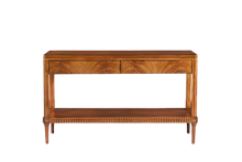 Load image into Gallery viewer, The Lipton 2 Drawer Console Table is a study in balance—combining classical detailing with a clean, tailored silhouette. Fluted legs, subtle carved accents, and a lower display shelf give the piece a refined, architectural presence, while the overall proportions keep it light and versatile. The drawer fronts are wrapped in richly figured cerejeira veneer. Good Bones Furniture