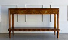 Load image into Gallery viewer, The Lipton 2 Drawer Console Table is a study in balance—combining classical detailing with a clean, tailored silhouette. Fluted legs, subtle carved accents, and a lower display shelf give the piece a refined, architectural presence, while the overall proportions keep it light and versatile. The drawer fronts are wrapped in richly figured cerejeira veneer. Good Bones Furniture