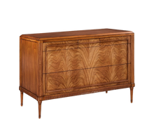 Load image into Gallery viewer, The Lipton Accent Chest is an exquisite blend of classic design and modern luxury. Crafted from mahogany solids with cerejeira and mahogany veneers, this piece showcases a stunning, highly figured grain pattern framed by elegant fluted corner details. The smooth white marble top or luxurious mahogany top adds a timeless sophistication and practical durability, making this chest as functional as it is beautiful. Good Bones Furniture