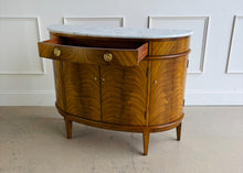 Load image into Gallery viewer, The Lipton Demilune Cabinet is a refined storage piece with a softly curved, architectural silhouette. Crafted from mahogany solids with cerejeira veneers, it showcases a flowing, bookmatched grain pattern across the rounded front for a warm, elevated look. Good Bones Furniture