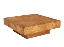 Load image into Gallery viewer, The Margo Square Coffee Table makes an impact through proportion, material, and simplicity. Its low, architectural profile gives it a grounded presence, while the richly figured veneer brings warmth and movement across the broad square top. Set on a recessed base, the silhouette feels clean and modern with a subtle floating effect. Good Bones Furniture