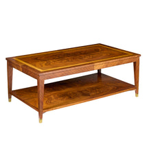 Load image into Gallery viewer, The Modern History Bezier Cocktail Table showcases the natural beauty of richly figured wood in a clean, architectural form. Crafted with French walnut and olive ash burl veneers, the top features striking grain movement framed by a contrasting border that highlights the intricate patterns of the wood. Good Bones Furniture