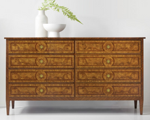 Load image into Gallery viewer, The Modern History Bezier Dresser is a striking fusion of classic elegance and refined artistry. Skillfully crafted, it features a luxurious blend of French Walnut and Olive Ash Burl veneer.