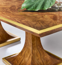 Load image into Gallery viewer, The Modern History Burl Oak Double Pedestal Dining Table is a striking centerpiece defined by sculptural form and richly figured wood. Wrapped in burl oak veneer, the surface reveals dramatic swirling grain patterns that bring warmth, depth, and natural movement to the table’s expansive top. Good Bones Furniture