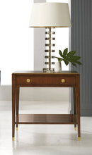 Load image into Gallery viewer, The Modern History Cherry Italian End Table brings old-world elegance and contemporary refinement together in a truly distinctive piece. Crafted with a cherry veneer, the table’s rich grain pattern and warm hue capture the eye, offering depth and natural beauty. A delicate gold leaf accent highlights its lines, lending a touch of opulence that recalls classic Italian design.