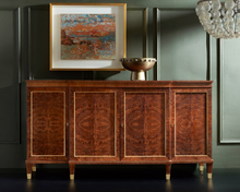 Load image into Gallery viewer, The Modern History Large Walnut Breakfront Cabinet makes a grand statement with its generous proportions and exquisite craftsmanship. Clad in a feathered walnut veneer, the piece highlights the natural depth and movement of the wood’s grain, resulting in a refined, warm aesthetic that effortlessly complements both traditional and contemporary décor.