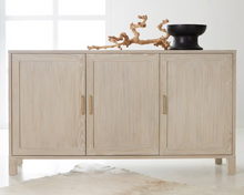 Load image into Gallery viewer, The Modern History Somerset Bay Maui Three Door Credenza combines sleek sophistication with functional design. Crafted with a straight grain ash veneer, its clean lines and natural wood texture create a versatile and modern aesthetic that enhances any room.