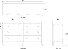 Load image into Gallery viewer, Beautifully designed spacious 6 drawer dresser wrapped in a Pale Blue linen with gorgeous ring hardware. The color is a light pale green with hints of light blue. Good Bones Furniture