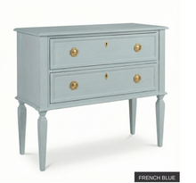 Load image into Gallery viewer, The Phillips Scott Franklin Chest pairs classic proportions with practical storage and a light, elevated silhouette. Crafted from hardwood solids and veneers, it features two spacious drawers framed by traditional molding. Brass hardware and decorative key escutcheons add warmth, while the molded top and tall tapered legs complete its timeless design. Good Bones Furniture