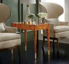 Load image into Gallery viewer, Introduce a touch of refined sophistication to your home with the Selena End Table by Modern History. This exquisite piece showcases a luxurious Olive Ash Burl Veneer, celebrated for its intricate grain patterns and rich, natural beauty. The distinctive veneer exudes elegance, creating a striking visual centerpiece that complements both classic and contemporary interiors.