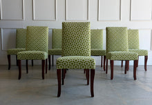 Load image into Gallery viewer, This set of eight Ballard Designs Parsons dining chairs brings tailored style and a fresh pop of color to the dining room. Upholstered in a vibrant chartreuse geometric fabric, these chairs feature the clean lines and timeless silhouette that have made Ballard's Parsons collection a designer favorite. Good Bones Furniture