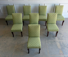 Load image into Gallery viewer, This set of eight Ballard Designs Parsons dining chairs brings tailored style and a fresh pop of color to the dining room. Upholstered in a vibrant chartreuse geometric fabric, these chairs feature the clean lines and timeless silhouette that have made Ballard's Parsons collection a designer favorite. Good Bones Furniture
