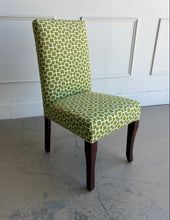 Load image into Gallery viewer, This set of eight Ballard Designs Parsons dining chairs brings tailored style and a fresh pop of color to the dining room. Upholstered in a vibrant chartreuse geometric fabric, these chairs feature the clean lines and timeless silhouette that have made Ballard's Parsons collection a designer favorite. Good Bones Furniture