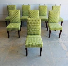Load image into Gallery viewer, This set of eight Ballard Designs Parsons dining chairs brings tailored style and a fresh pop of color to the dining room. Upholstered in a vibrant chartreuse geometric fabric, these chairs feature the clean lines and timeless silhouette that have made Ballard's Parsons collection a designer favorite. Good Bones Furniture