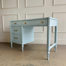 Load image into Gallery viewer, Alternate angle of a Thomasville vintage writing desk finished in Sherwin-Williams Billowy Breeze, highlighting balanced proportions, traditional detailing, and a refreshed, modern color palette