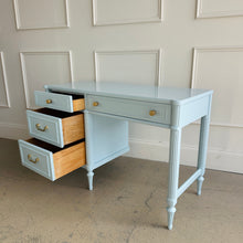 Load image into Gallery viewer, Pedestal drawers opened on a Thomasville vintage writing desk lacquered in Sherwin-Williams Billowy Breeze, showcasing solid wood construction, practical storage, and a calm, airy blue finish