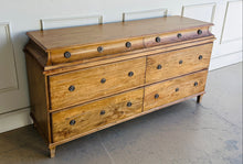 Load image into Gallery viewer, Built from solid mango wood, the Valencia dresser mixes timeless European lines with a relaxed, hand-finished patina. A stepped gallery crowns the case, while framed drawer fronts and reeded, tapered feet give the piece architectural presence. At 72" wide with six generous drawers, it brings warm, natural character and serious storage to the primary bedroom, guest suite, or sophisticated entry.