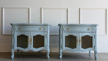 Load image into Gallery viewer, Professionally lacquered in Farrow & Ball Parma Gray, this pair of vintage French nightstands blends classic European styling with a softer, more modern palette. The elegant cabriole legs, shaped apron, and bombe-inspired silhouette give the pieces timeless character, while the muted blue-gray lacquer creates a fresh, elevated look suited for both traditional and contemporary interiors. Good Bones Furniture