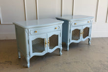Load image into Gallery viewer, Professionally lacquered in Farrow & Ball Parma Gray, this pair of vintage French nightstands blends classic European styling with a softer, more modern palette. The elegant cabriole legs, shaped apron, and bombe-inspired silhouette give the pieces timeless character, while the muted blue-gray lacquer creates a fresh, elevated look suited for both traditional and contemporary interiors. Good Bones Furniture