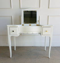 Load image into Gallery viewer, This vintage Henredon vanity table blends classic elegance with practical function. Graceful cabriole legs, a softly scalloped apron, and gently shaped case lines give the piece a refined silhouette rooted in traditional design. Manufactured by Henredon, this piece reflects the heirloom-quality craftsmanship the brand is known for. Professionally lacquered in Sherwin Williams Greek Villa. Good Bones Furniture