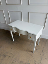Load image into Gallery viewer, This vintage Henredon vanity table blends classic elegance with practical function. Graceful cabriole legs, a softly scalloped apron, and gently shaped case lines give the piece a refined silhouette rooted in traditional design. Manufactured by Henredon, this piece reflects the heirloom-quality craftsmanship the brand is known for. Professionally lacquered in Sherwin Williams Greek Villa. Good Bones Furniture