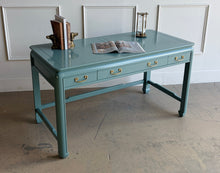 Load image into Gallery viewer, This vintage Lane Furniture writing desk features a restrained Asian-inspired silhouette with softly rounded corners, inset panel detailing, and sculptural legs connected by low stretchers that give the piece a grounded, furniture-quality presence. Custom lacquered teal. Good Bones Furniture