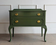 Load image into Gallery viewer, This vintage Queen Anne-style two drawer chest has been professionally refinished in a rich, high-gloss Farrow &Ball Bancha lacquer, giving a timeless silhouette a sophisticated, designer-inspired update. Solid brass hardware. Good Bones Furniture