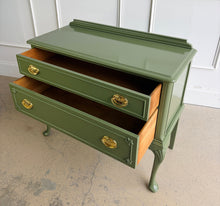 Load image into Gallery viewer, This vintage Queen Anne-style two drawer chest has been professionally refinished in a rich, high-gloss Farrow &Ball Bancha lacquer, giving a timeless silhouette a sophisticated, designer-inspired update. Solid brass hardware. Good Bones Furniture