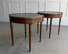 Load image into Gallery viewer, This vintage pair of end tables by Waldon Furniture brings classic scale, elegant detailing, and versatile function to a room. The round tops showcase a striking radial veneer pattern, framed by a delicate brass gallery that adds just the right amount of polish. Good Bones Furniture