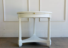 Load image into Gallery viewer, This vintage Heritage round end table pairs classic lines with a fresh lacquered finish in Benjamin Moore White Dove. The crisp white surface gives the piece a clean, updated look, while the sculptural base and curved stretchers preserve its traditional character. Good Bones Furniture