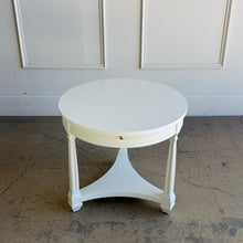 Load image into Gallery viewer, This vintage Heritage round end table pairs classic lines with a fresh lacquered finish in Benjamin Moore White Dove. The crisp white surface gives the piece a clean, updated look, while the sculptural base and curved stretchers preserve its traditional character. Good Bones Furniture