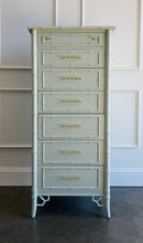 Load image into Gallery viewer, The Vintage Thomasville Allegro Lingerie Chest proves that generous storage does not require a large footprint. Its tall, slender silhouette fits beautifully into smaller bedrooms, dressing rooms, or spaces between windows while providing seven drawers for lingerie, jewelry, accessories, and other everyday essentials. Professionally lacquered in a custom light green by Good Bones Furniture.