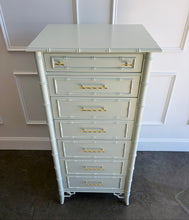 Load image into Gallery viewer, The Vintage Thomasville Allegro Lingerie Chest proves that generous storage does not require a large footprint. Its tall, slender silhouette fits beautifully into smaller bedrooms, dressing rooms, or spaces between windows while providing seven drawers for lingerie, jewelry, accessories, and other everyday essentials. Professionally lacquered in a custom light green by Good Bones Furniture.