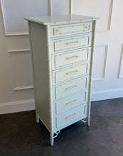 Load image into Gallery viewer, The Vintage Thomasville Allegro Lingerie Chest proves that generous storage does not require a large footprint. Its tall, slender silhouette fits beautifully into smaller bedrooms, dressing rooms, or spaces between windows while providing seven drawers for lingerie, jewelry, accessories, and other everyday essentials. Professionally lacquered in a custom light green by Good Bones Furniture.