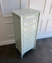 Load image into Gallery viewer, The Vintage Thomasville Allegro Lingerie Chest proves that generous storage does not require a large footprint. Its tall, slender silhouette fits beautifully into smaller bedrooms, dressing rooms, or spaces between windows while providing seven drawers for lingerie, jewelry, accessories, and other everyday essentials. Professionally lacquered in a custom light green by Good Bones Furniture.