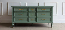 Load image into Gallery viewer, This vintage seven drawer dresser by White Furniture Co. showcases the exceptional craftsmanship and timeless proportions that made the North Carolina manufacturer one of America's most respected furniture makers. Professionally lacquered in custom light green, this piece can complement everything from traditional interiors to today's transitional and modern homes. Good Bones Furniture