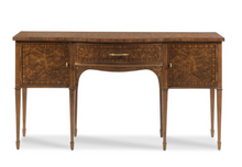 Load image into Gallery viewer, Inspired by elegant 18th-century English furniture, the Henley Serving Console by Woodbridge Furniture blends timeless craftsmanship with sophisticated materials. Rich amboyna burl veneers adorn the top, drawer front, doors, and side panels, creating dramatic movement and depth that immediately captures attention. Ebony string inlay and finely figured cherry veneers frame the burl panels, highlighting the exceptional attention to detail throughout. Good Bones Furniture