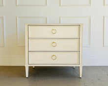 Load image into Gallery viewer, Avalaire 3 drawer bedside chest in Marion White, showcasing crisp proportions, framed drawer fronts, and heirloom-quality mahogany construction by Good Bones Furniture.