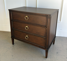 Load image into Gallery viewer, Avalaire 3 drawer bedside chest in Sorrel Mahogany by Good Bones Furniture, featuring clean architectural lines, framed drawer fronts, tapered legs, and solid mahogany craftsmanship.