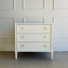 Load image into Gallery viewer, Avalaire 3 drawer bedside chest in White Dove by Good Bones Furniture, blending clean-lined design with solid mahogany construction and smooth soft-close drawer functionality.