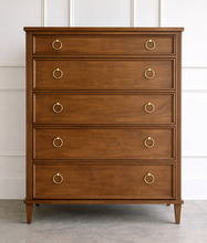 Load image into Gallery viewer, Avalaire 5 Drawer Chest in Honey Chestnut by Good Bones Furniture, crafted from solid mahogany with five soft-close drawers and a clean architectural silhouette.