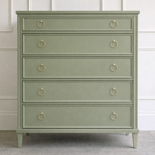 Load image into Gallery viewer, Avalaire 5 Drawer Chest in Benjamin Moore Saybrook Sage by Good Bones Furniture, featuring solid mahogany construction, five soft-close drawers, and slender tapered legs.