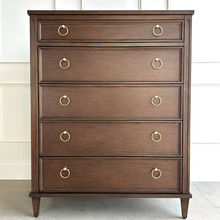 Load image into Gallery viewer, Avalaire 5 Drawer Chest in Sorrel Mahogany by Good Bones Furniture, featuring solid mahogany construction, framed drawer fronts, tapered legs, and soft-close drawers.
