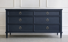 Load image into Gallery viewer, Avalaire 6 Drawer Dresser in Benjamin Moore Hale Navy by Good Bones Furniture, featuring solid mahogany construction, six spacious soft-close drawers, and tapered legs.