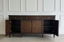 Load image into Gallery viewer, Avalaire Sideboard in Sorrel Mahogany with outer doors open, showcasing adjustable shelving and soft-close hardware within a clean, tailored cabinet design by Good Bones Furniture.