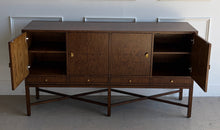 Load image into Gallery viewer, Basil Sideboard with doors open revealing adjustable interior shelves and spacious cabinet storage beneath rich walnut burl veneer exterior.