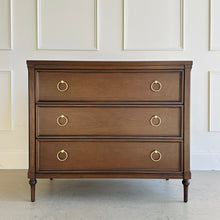 Load image into Gallery viewer, Boylan 3-drawer chest in Sorrel Mahogany by Good Bones Furniture, featuring solid mahogany construction, classic proportions, and brass ring hardware, photographed as a front hero view in Raleigh, North Carolina.