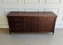 Load image into Gallery viewer, Boylan 9 drawer credenza dresser crafted from mahogany with crotch mahogany veneer and dark walnut finish by Good Bones Furniture in Raleigh, North Carolina.