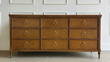 Load image into Gallery viewer, Boylan Collection 9-drawer dresser in Honey Chestnut, featuring solid mahogany and mahogany veneer construction, soft-close drawers, brass ring hardware, and a timeless modern silhouette by Good Bones Furniture.